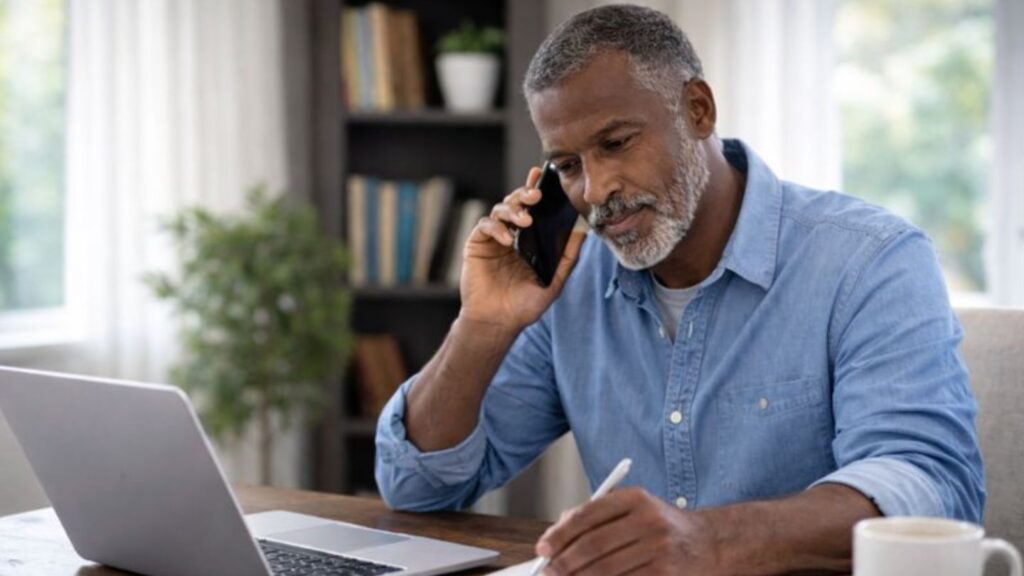 Middle-aged man talking on the phone while completing online forms on a laptop, illustrating the paperwork and coordination involved in Disability Case Strategy and Benefit Eligibility Counseling.