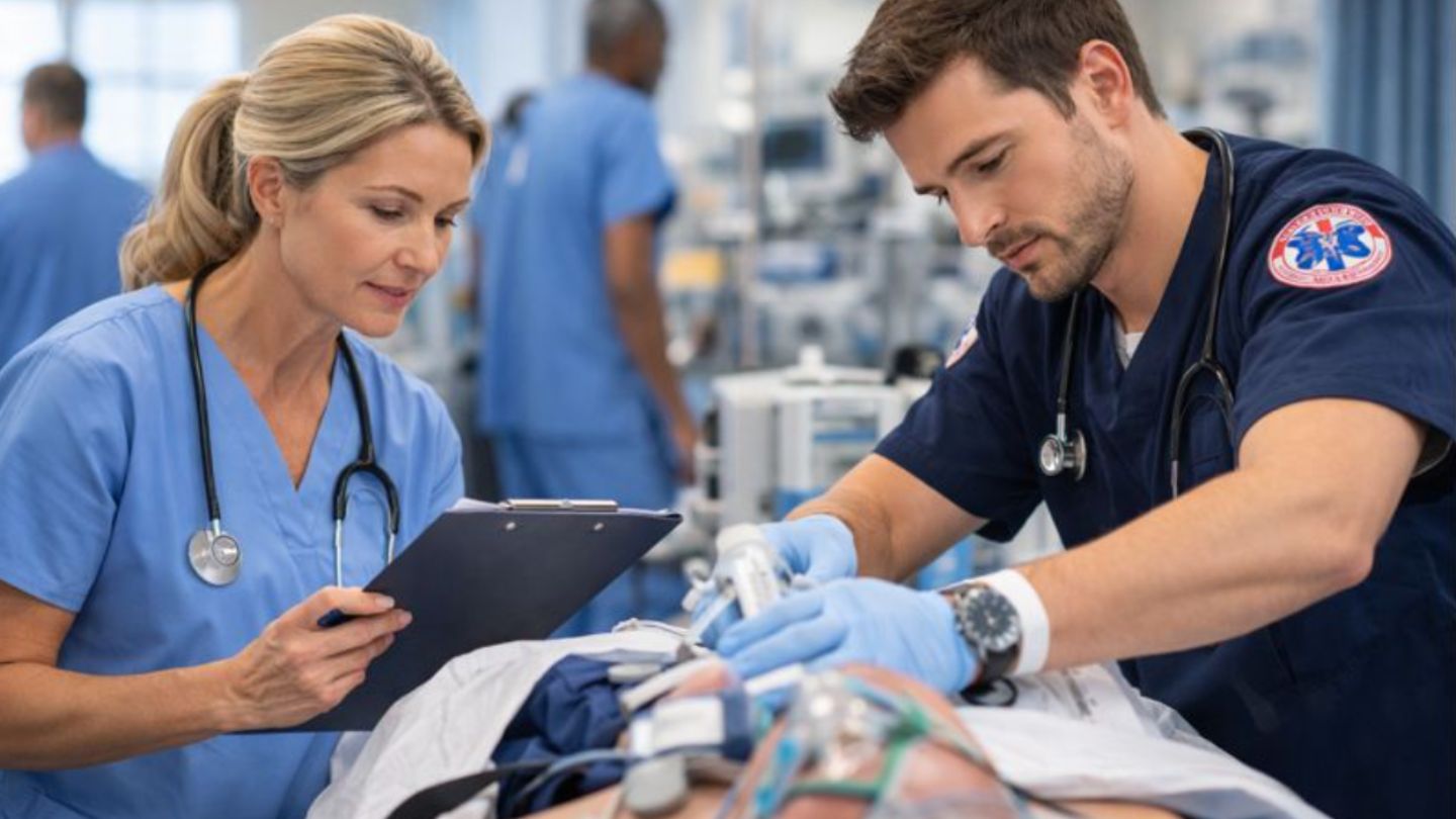 Nurse and first responder providing patient care in a hospital setting, reflecting the physically demanding work often considered in Social Security Disability claims.