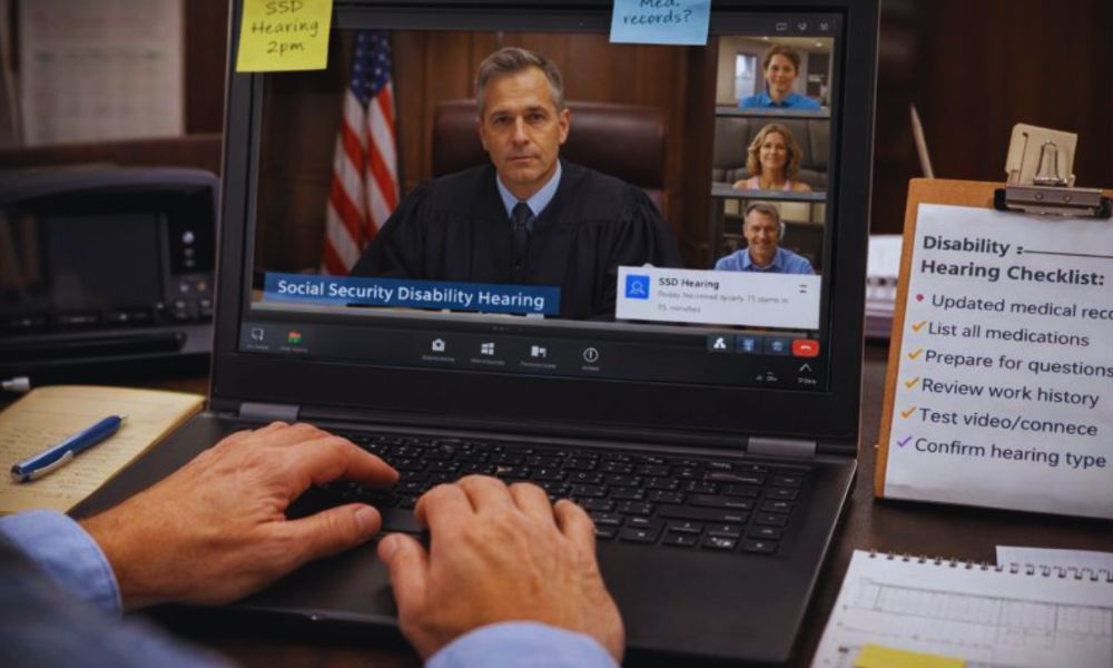 Laptop setup for an online video Social Security disability hearing, with a checklist and notes beside the keyboard.