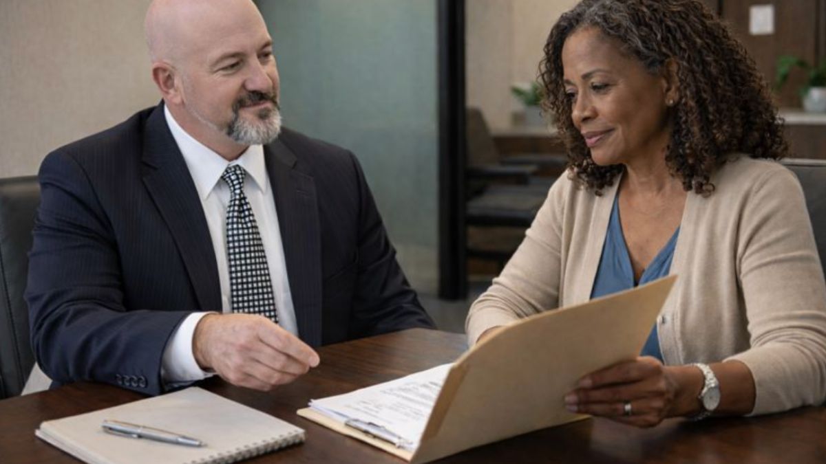 Attorney reviews medical records with a client during a Social Security Disability consultation in a professional office setting.