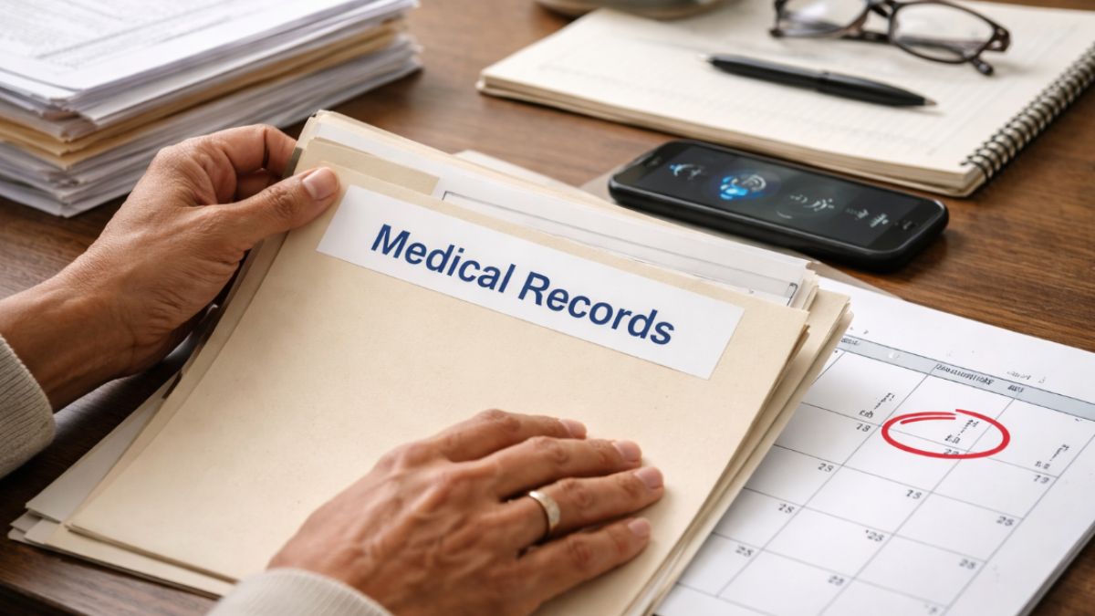 Hands organize a Medical Records folder beside a deadline calendar and speakerphone, supporting a Social Security Disability claim.