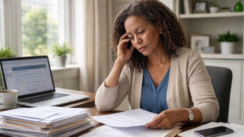 Social Security Disability client reviews SSA paperwork at a home office desk with forms, laptop, and phone.