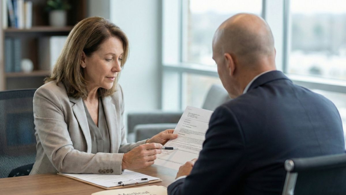A Social Security disability claimant is discussing a specific document with her attorney.
