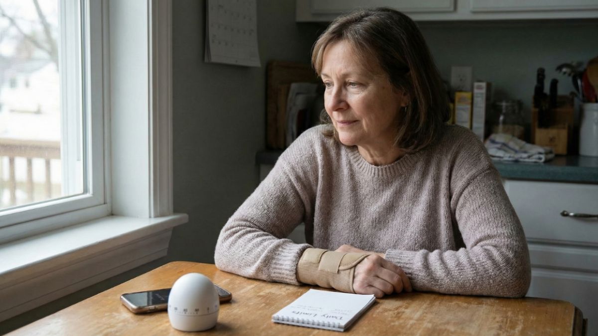 A person in their fifties with a wrist brace, seated at a kitchen table with a notepad labeled “Daily Limits”.