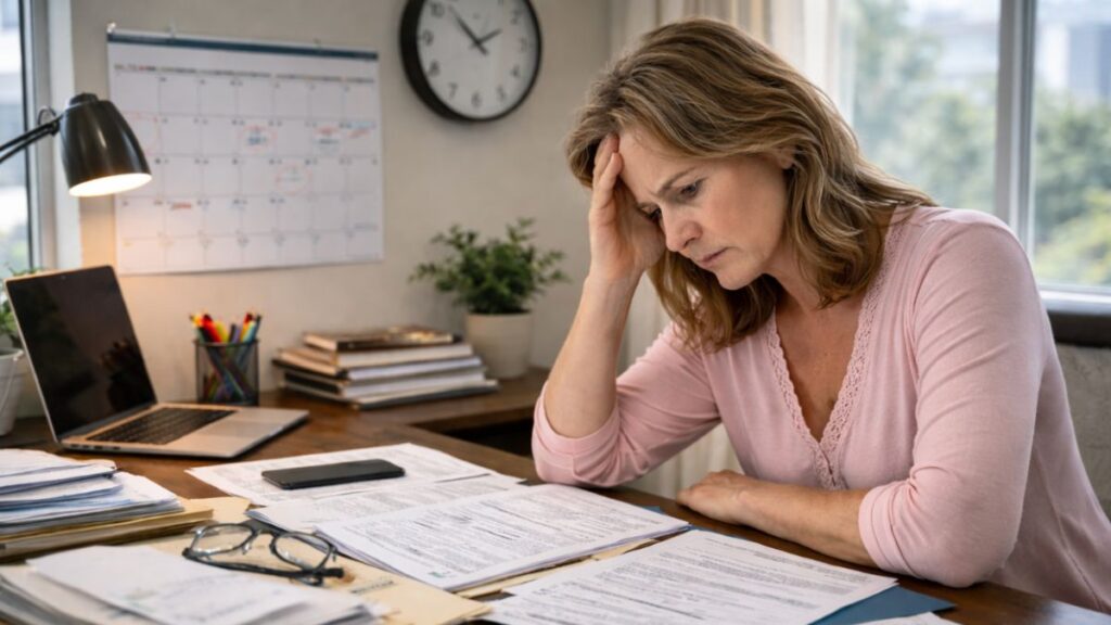 Disability applicant worried about deadlines and paperwork delays at a home desk.