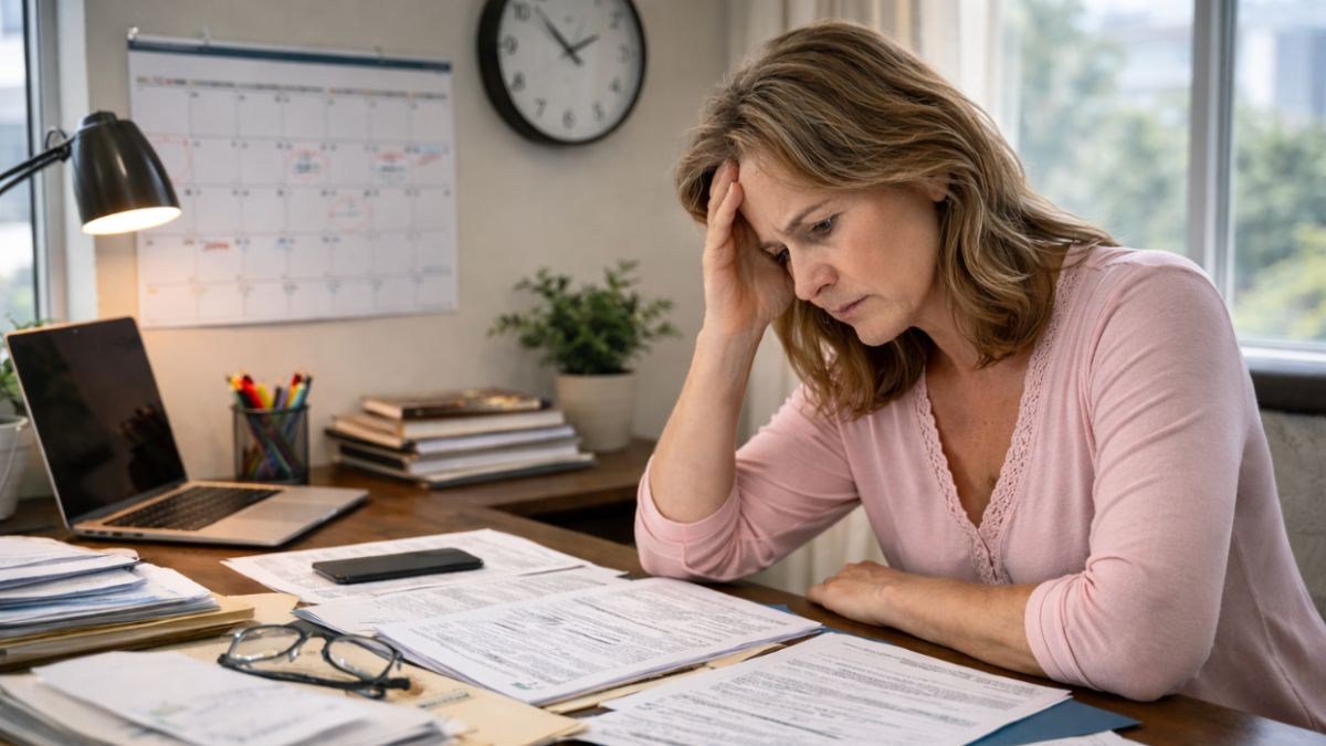 Disability applicant worried about deadlines and paperwork delays at a home desk.