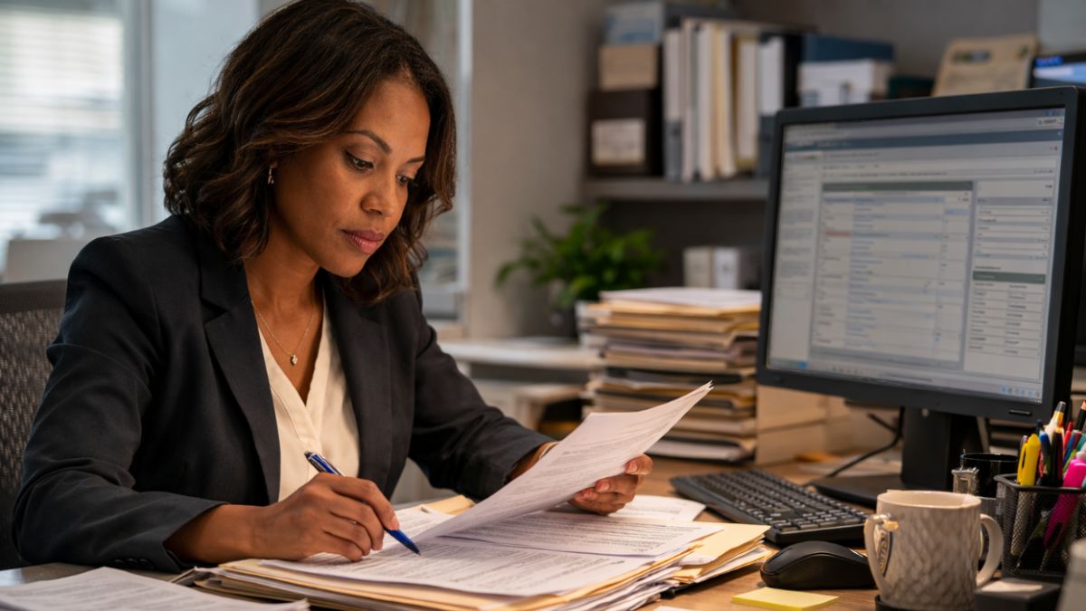 Case reviewer examining medical and work records for a disability claim.