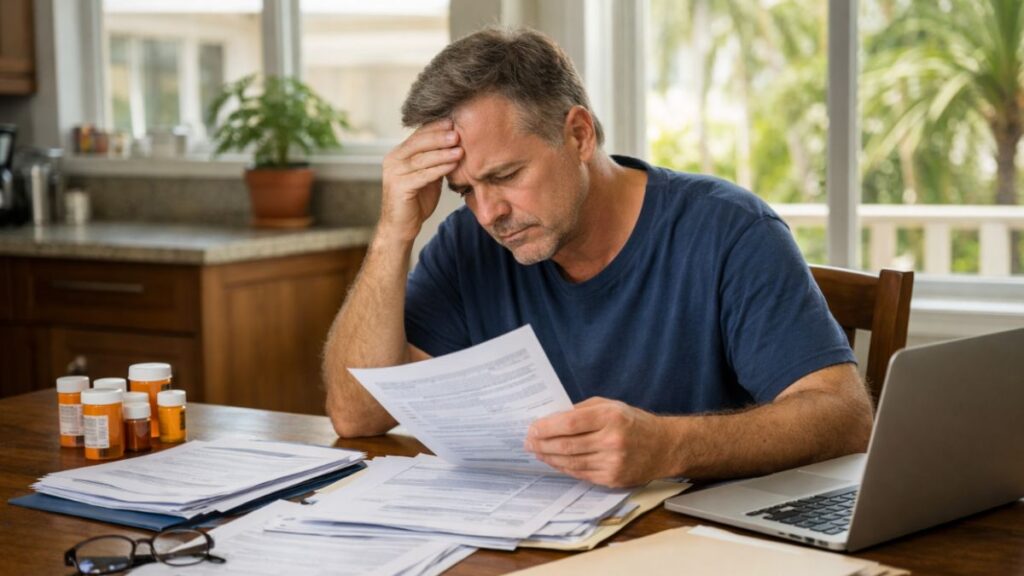 Applicant in Miami reviewing disability paperwork and medical records at a kitchen table.