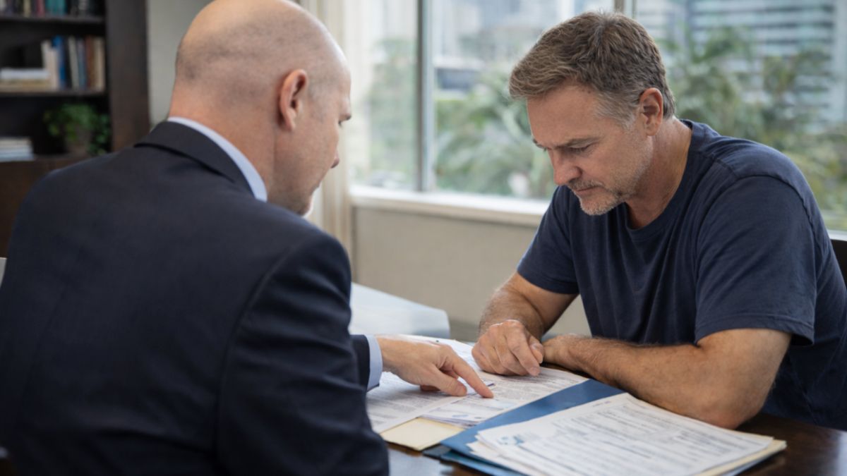 Disability attorney in Miami reviewing records and preparing his client for a hearing.