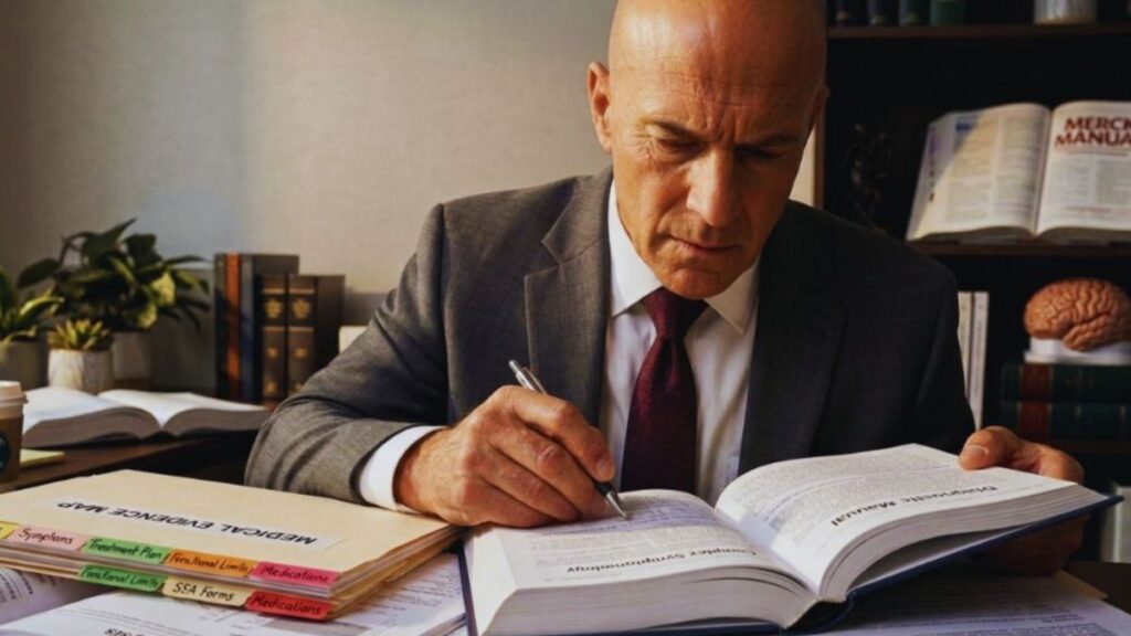 A lawyer deeply focused on analyzing and mapping out a client’s complex medical evidence for a disability claim.
